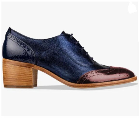 FOWT Blue Women's Perforated Lace-Up Oxfords Almond Toe Mid Chunky Heel Shoes - Picture 1 of 8